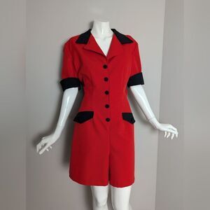Vintage Red Romper Women’s 9/10 – Black Accents, Button Front, 80s Flirty Style